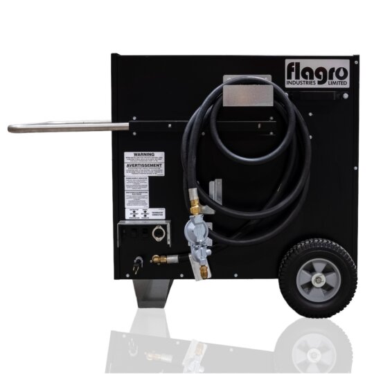 Flagro THC-175DF portable forced-air propane heater side view with hose and wheels