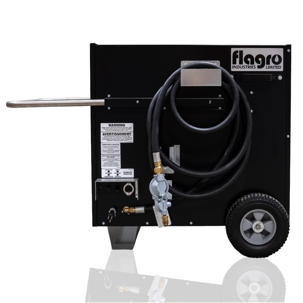 Flagro THC-175DF portable forced-air propane heater side view with hose and wheels