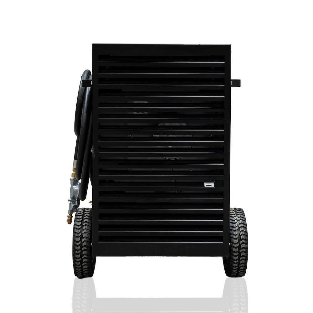 Flagro THC-175DF dual-fuel direct-fired heater angled side view showing wheels and handle