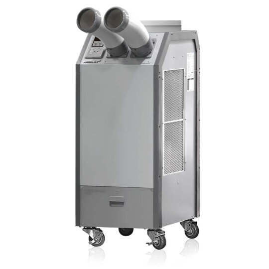 Airrex HSC-18R 1.5-ton spot cooler with R-454B refrigerant, shown with dual adjustable nozzles, digital control panel, and portable caster wheels