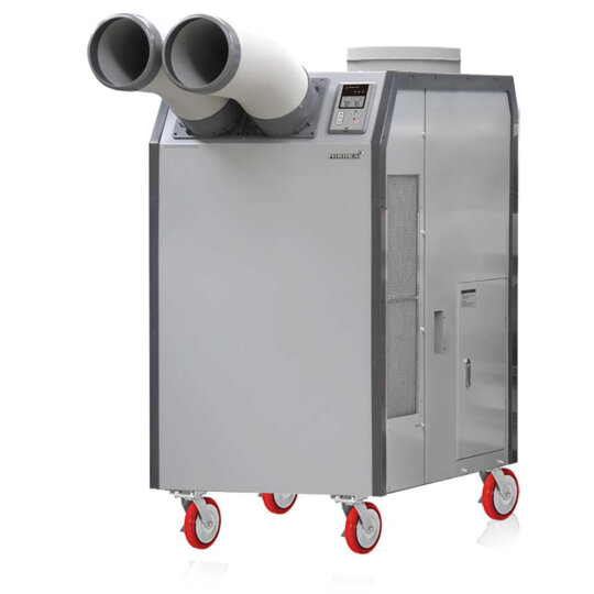 Image of the Airrex HSC-60R 5-Ton Spot Cooler – a portable, eco-friendly air conditioning unit with dual flexible ducts and durable casters, designed for temporary cooling applications in large commercial or industrial spaces.