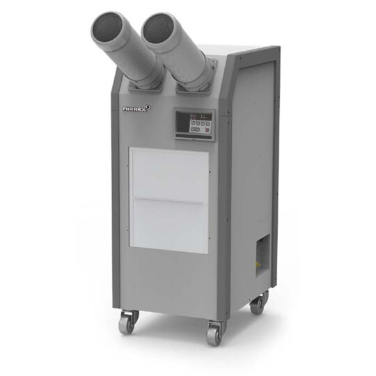 Airrex HWC-19R 1.5-ton water-cooled portable air conditioner with R-454B refrigerant, featuring compact metal housing, front-facing controls, and caster wheels