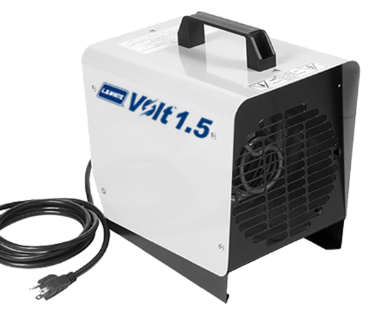 LB White Volt 1.5 kW Electric Heater, compact and portable, delivering 5,100 BTU with 116 CFM airflow for small spaces, job sites, and offices.