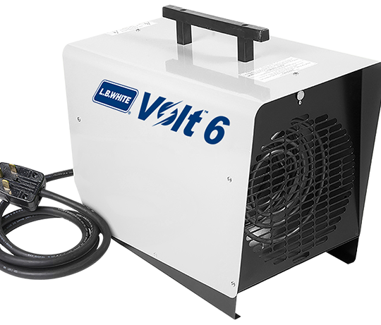 LB White Volt 6 kW Electric Heater, delivering 20,500 BTU with 330 CFM airflow, ideal for job sites, workshops, warehouses, and large workspaces.