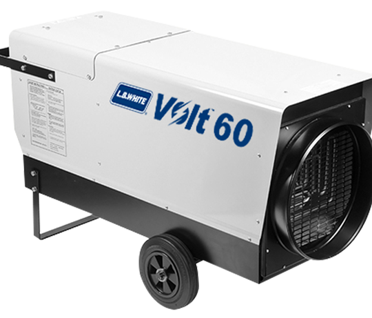 LB White Volt 60 kW Electric Heater, delivering 205,000 BTU with 2,000 CFM airflow, ideal for warehouses, job sites, and large industrial spaces.