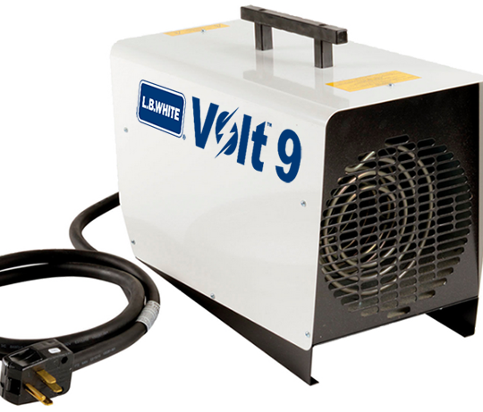 LB White Volt 9 kW Electric Heater, delivering 30,700 BTU with 388 CFM airflow, ideal for job sites, warehouses, and industrial workspaces.