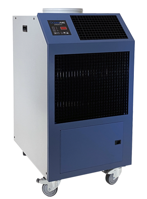 OceanAire 2OAC1811 Deluxe Portable Air Conditioner with dual flexible ducts, digital control panel, and heavy-duty caster wheels for easy mobility.