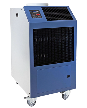 OceanAire 20ACH2412 Deluxe Portable Heat Pump and Spot Cooling Air Conditioner with dual air vents, control panel, and heavy-duty caster wheels for mobility.