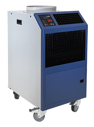 OceanAire 2OACH1211 Deluxe Portable Heat Pump and Spot Cooling Air Conditioner with control panel, dual air vents, and compact wheeled cabinet for easy mobility.
