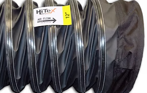 Close-up detail view of a black 12-inch diameter by 25-foot long flexible duct with pin-lock coupling, showing the corrugated surface and connector end.