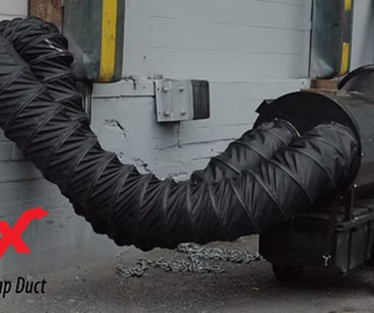 Construction-site climate control heater unit with Hi-Tex black flexible duct and workspace enclosure