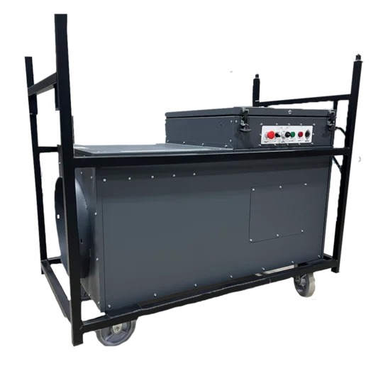 High-capacity industrial electric heater on wheels in a steel frame with control panel