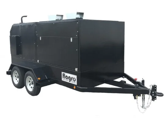 Black trailer-mounted indirect fired heater with dual large round air outlets on side, model FVO-1100TR