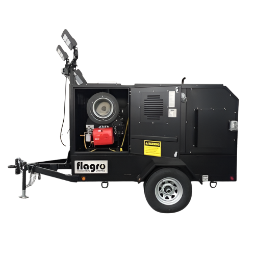 Trailer-mounted indirect-fired heater unit Flagro FVO-400LTRC in black enclosure
